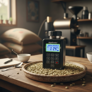 Measuring the moisture content of green coffee beans with a digital moisture meter at Bold Mountain Coffee